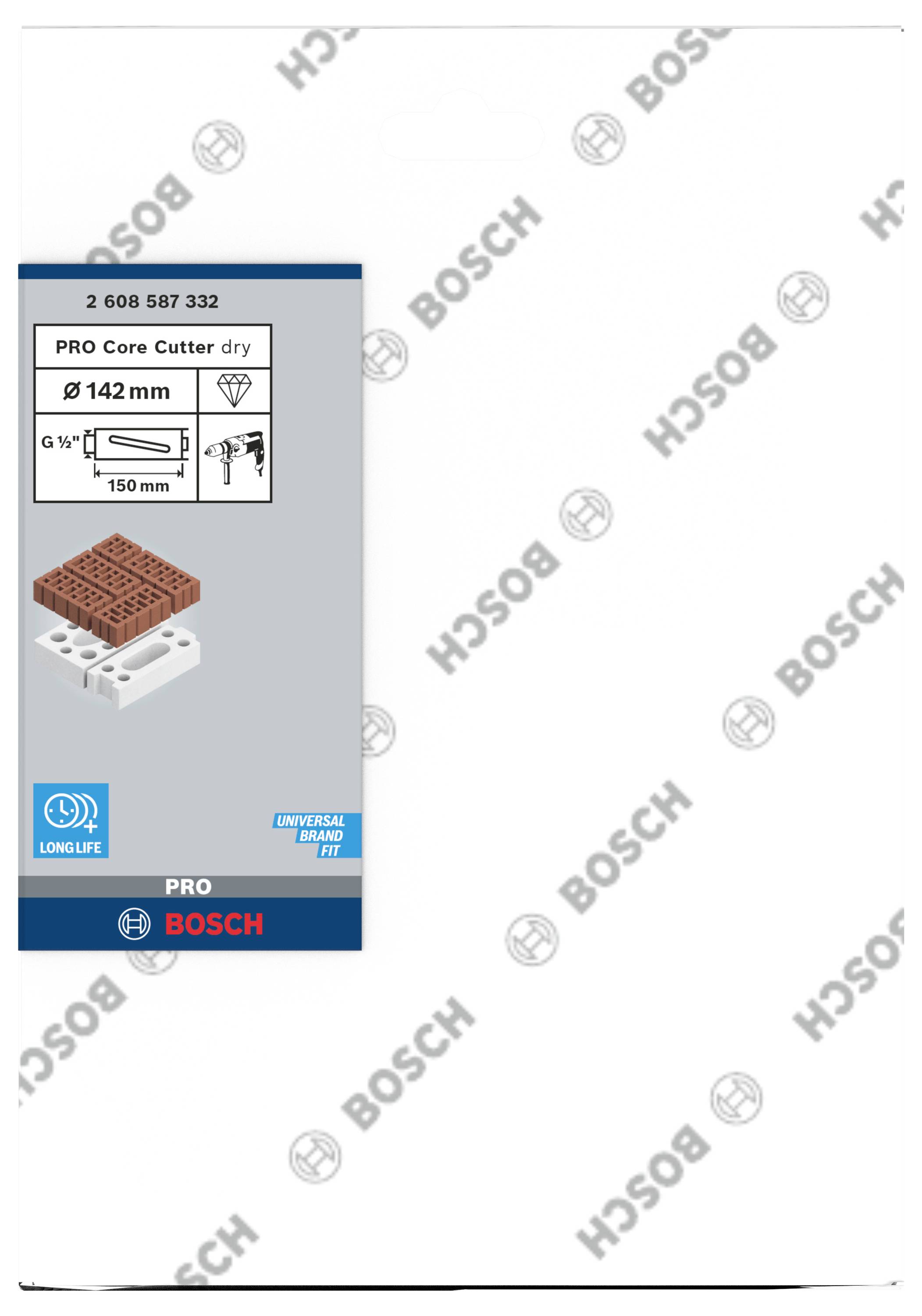 'PRO Core Cutter dry' von Bosch, Ø 142 mm, zeigt eine Darstellung des Bohrers und seines Einsatzes in Ziegeln; geeignet für Bohrmaschinen.