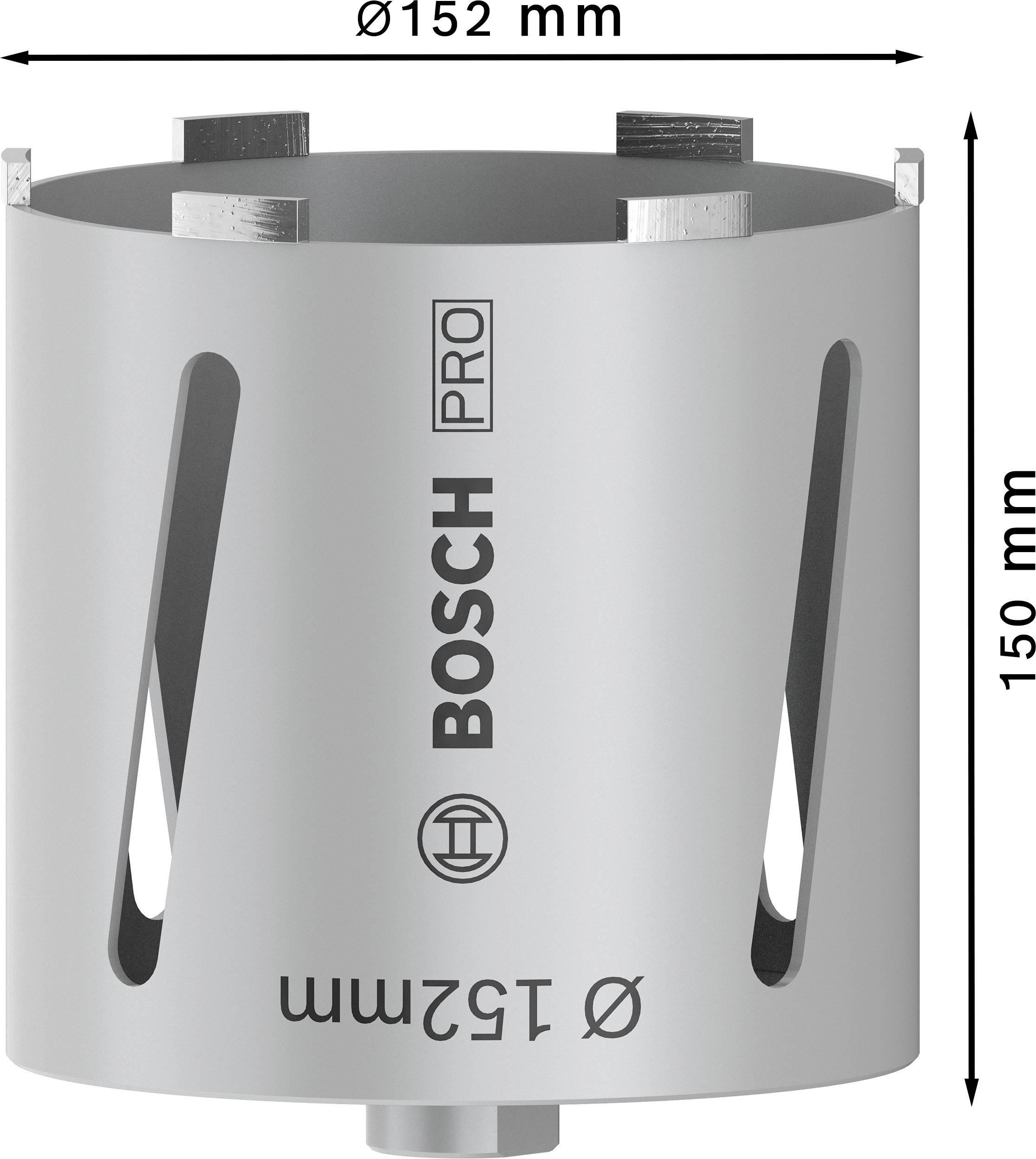 Eine silberne Lochsäge der Marke Bosch Pro mit einem Durchmesser von 152 mm und einer Höhe von 150 mm.
