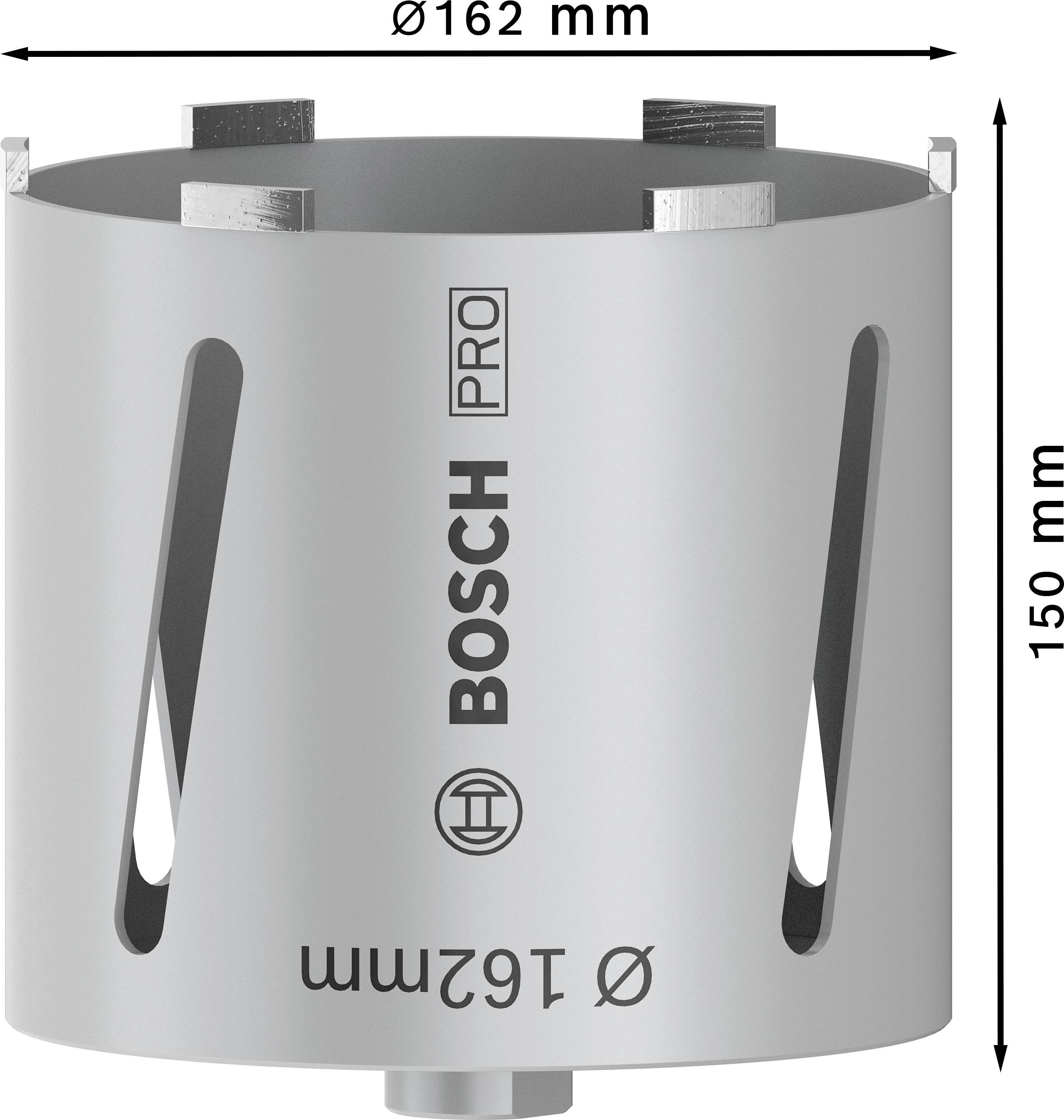 Bohrkrone mit 162 mm Durchmesser und 150 mm Höhe, Bosch PRO Serie. Hauptsächlich für Beton, Mauerwerk, Kalksandstein geeignet.