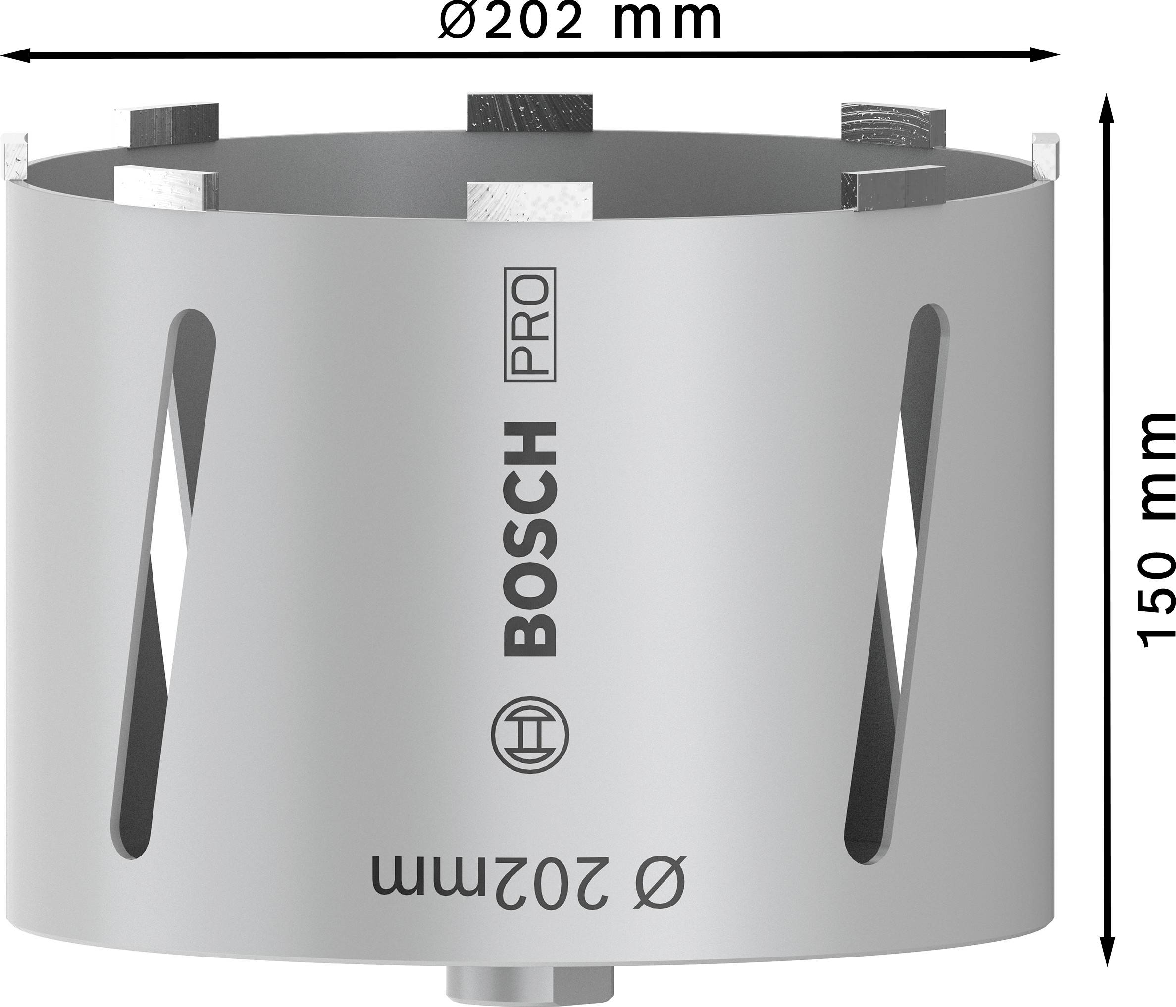 Bohrkrone von Bosch Pro mit Ø202 mm und Höhe 150 mm. Sie besitzt mehrere Schneidezähne und Schlitze für Belüftung.