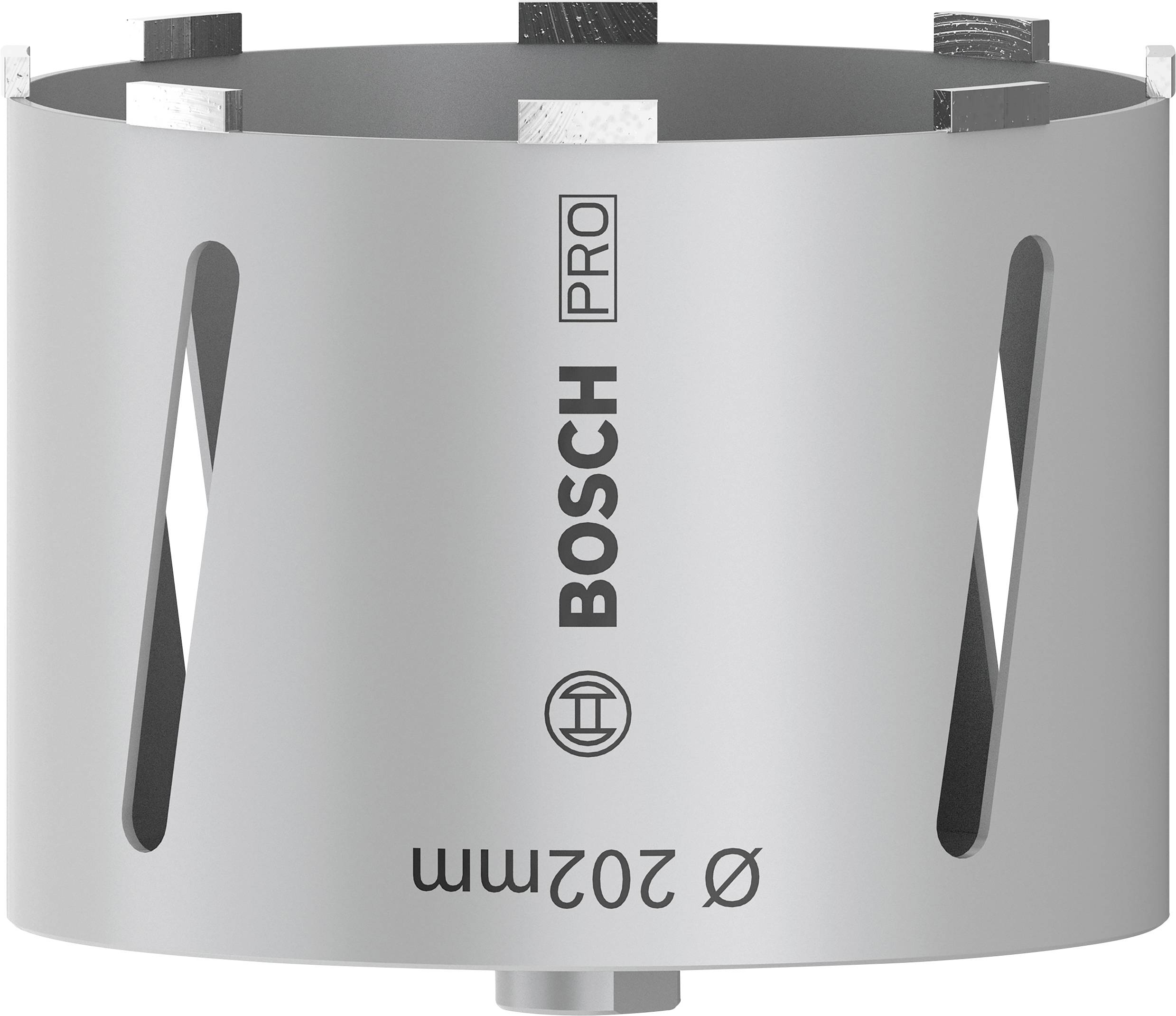 Bohrkrone von Bosch Pro, silberne zylindrische Form, geeignet für professionelle Bohrarbeiten, mit ablesbarem Durchmesser von 202 mm.