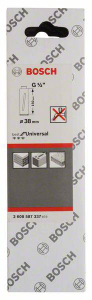 Verpackung eines Bosch-Produkts für 'Universal' Sägeblätter, kompatibel mit verschiedenen Materialien: Holz, Metall, Kunststoff.