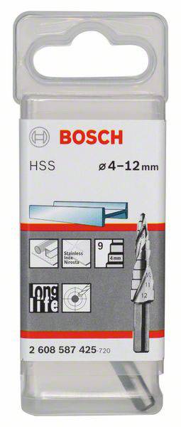 Bosch HSS-Stufenbohrer, Ø 4-12 mm, geeignet für Edelstahl, 9 Stufen, lange Lebensdauer.