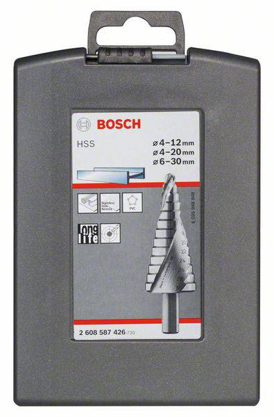 Bosch HSS-Stufenbohrer-Set in Verpackung mit drei Bohrgrößen: 4-12 mm, 4-20 mm, 6-30 mm. Geeignet für verschiedene Materialien.