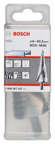 Verpackung einer Bosch HSS-Stufenbohrer mit Größenbereich von 6 bis 40,5 mm, geeignet für Metall und PVC, abgebildet mit Symbolen zur Anwendung.