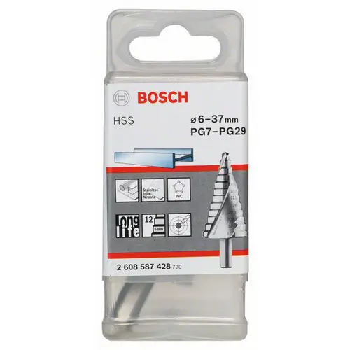 Bosch Accessories 2608587428 HSS Stufenbohrer 6 - 37 mm, PG7 - PG29 Gesamtlänge 93mm 3-Flächenschaft 1St. Bosch Accessories 2608587428 HSS Stufenbohrer 6 - 37 mm, PG7 - PG29 Gesamtlänge 93mm 3-Flächenschaft 1St.