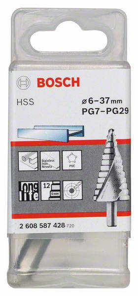 Verpackung eines Bosch Stufenbohrers, geeignet für Durchmesser 6-37 mm, Materialien wie Edelstahl und PVC. Modellnummer: 2 608 587 428.