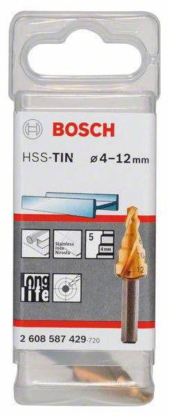 Verpackung eines Bosch HSS-TIN Stufenbohrers, geeignet für 4-12 mm Bohrlöcher, passend für Edelstahl bis 5 mm Stärke.