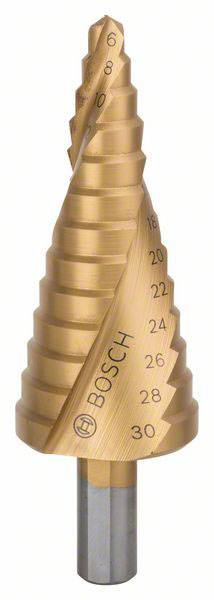 Ein kegelförmiger Stufenbohrer mit markierter Größenangabe von 6 bis 30 mm für das Bohren von unterschiedlich großen Löchern.