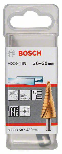 Verpackung für Bosch HSS-TIN Stufenbohrer Ø 6-30 mm, geeignet für Edelstahl. Enthält Schema und Produktspezifikationen.