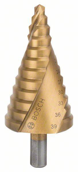 Ein stufenförmiger Bohrer aus Metall mit Markierungen von 4 bis 39. Der Bohrer hat ein goldenes Finish mit der Aufschrift 'Bosch'.