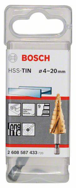 Verpackung eines Bosch Stufenbohrers, HSS-TIN, Durchmesser 4-20 mm, geeignet für Edelstahl, mit Abbildung des Bohrers.