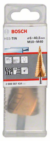 Verpackung eines Bosch HSS-TIN Stufenbohrers mit Maßen 6-40,5 mm, geeignet für Metall und Kunststoff.