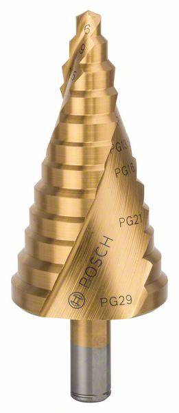 Ein goldfarbiger Stufenbohrer von Bosch mit mehreren abgestuften Durchmessern, geeignet für das Bohren unterschiedlicher Lochgrößen.
