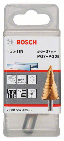 Verpackung eines konischen Bohrers von Bosch, geeignet für Ø 6-37 mm, PG7-PG29, Edelstahl, Kunststoff und Blech.