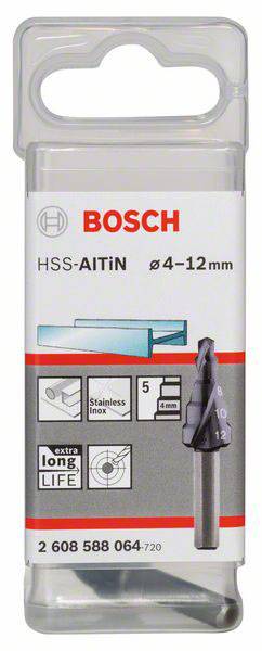 Bohrerpackung von Bosch mit HSS-AITiN-Beschichtung, geeignet für Edelstahl, Größe 4-12 mm, extra lange Lebensdauer.
