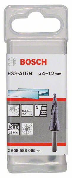Bosch HSS-AlTiN Stufenbohrer, Durchmesser 4-12 mm, 9 Stufen, extra lange Lebensdauer, geeignet für Edelstahl.