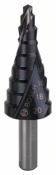 Ein schwarz-silberner Stufenbohrer mit aufgedruckten Maßen 6, 8, 10, 12, 14, 16, 18, 20 mm, Marke 'Bosch'. Verwendet für Metallbohrungen.
