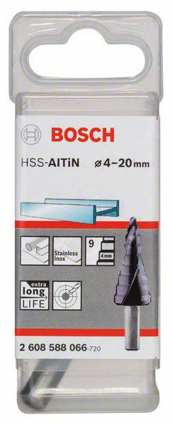 Ein Bosch HSS-Stufenbohrer, Ø 4-20 mm, geeignet für Metall, einschließlich Edelstahl, mit langer Lebensdauer. Verpackung mit Produktabbildung.