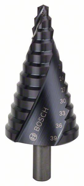 Stufenbohrer mit verschiedenen Bohrdurchmessern deutlich auf der Oberfläche markiert, markiert mit der Marke 'Bosch'.
