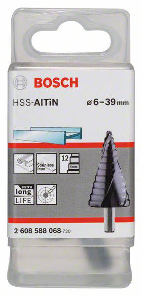 Verpackung eines Bosch HSS-Schrittbohrers, geeignet für 6-39 mm. Enthält Symbole für Edelstahl-Verarbeitung, 12 Stufen, lange Lebensdauer.