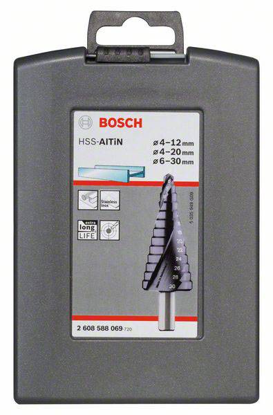 Bohrer-Set von Bosch in Kunststoffverpackung, mit drei Größen von HSS-Stufenbohrern, geeignet für Metallbearbeitung.