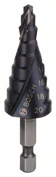 Ein schwarzer, stufenförmiger Bohrer mit Größenmarkierungen von 4 bis 20 mm. Die Marke 'Bosch' ist sichtbar eingraviert.