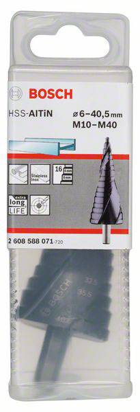 Verpackung eines Bosch HSS-AITIN Stufenbohrers, geeignet für Bohrdurchmesser 6-40,5 mm und Gewinde M10-M40, mit 16 Stufen.