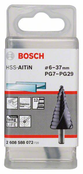 Verpackung eines Bosch HSS-AlTiN Stufenbohrers, geeignet für Durchmesser 6-37 mm und PG7-PG29, mit Edelstahl- und Blech-Symbolen.