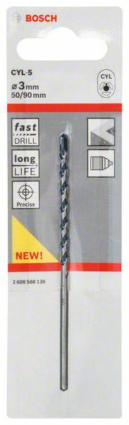 Bosch Accessories CYL-5 2608588136 Hartmetall Beton-Spiralbohrer 3mm Gesamtlänge 90mm Zylinderschaft 1St.