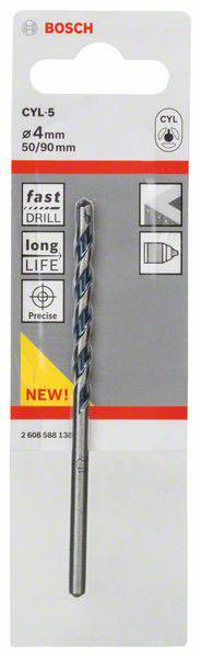 Bohrer der Marke Bosch, Modell CYL-5, Durchmesser 4 mm, Länge 50/90 mm, Hervorhebung auf schnelle Bohrungen und lange Lebensdauer.