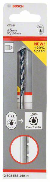 'Bosch Bohrer CYL-5, Durchmesser 5mm, Länge 50/100mm, +20% Geschwindigkeit, 100% Kraftübertragung' in der Verpackung dargestellt.