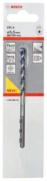 Bohrerspitze der Marke Bosch, Modell CYL-5, Größe 5,5 mm, Länge 50/100 mm, hervorgehoben mit Merkmalen: schnelle Bohrung, lange Lebensdauer.