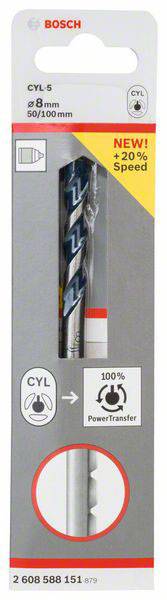 'Bosch CYL-5' Bohrer in Verpackung. Größe: 8 mm, Länge: 50/100 mm. Hervorgehobene Merkmale: +20% Geschwindigkeit, 100% Kraftübertragung.