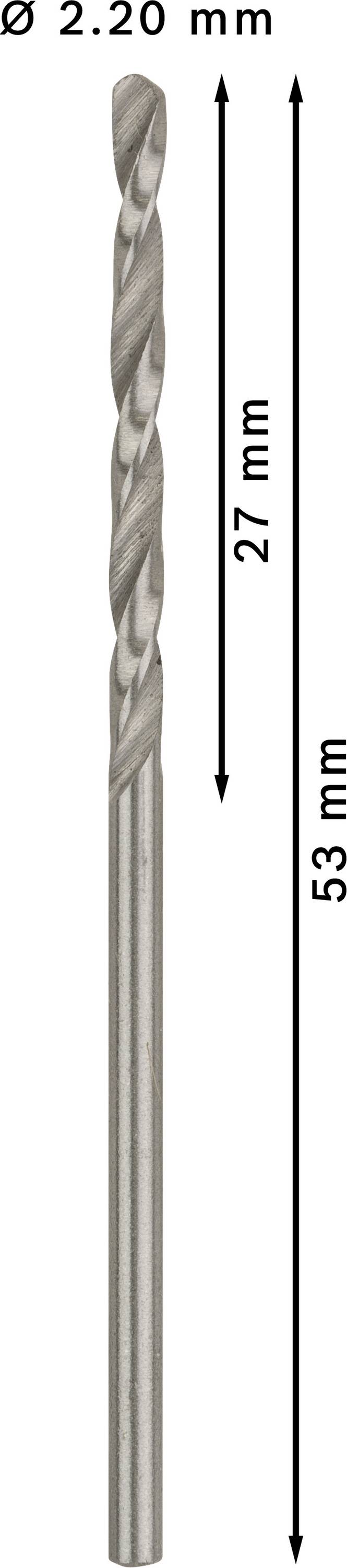 Ein Bohrer mit einem Durchmesser von 2,20 mm. Die Schneidlänge beträgt 27 mm, die Gesamtlänge 53 mm.