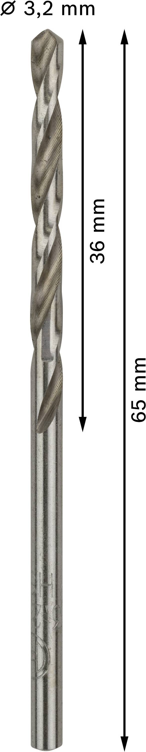 Bohrer mit 3,2 mm Durchmesser und 65 mm Gesamtlänge. Schneidbereich misst 36 mm.