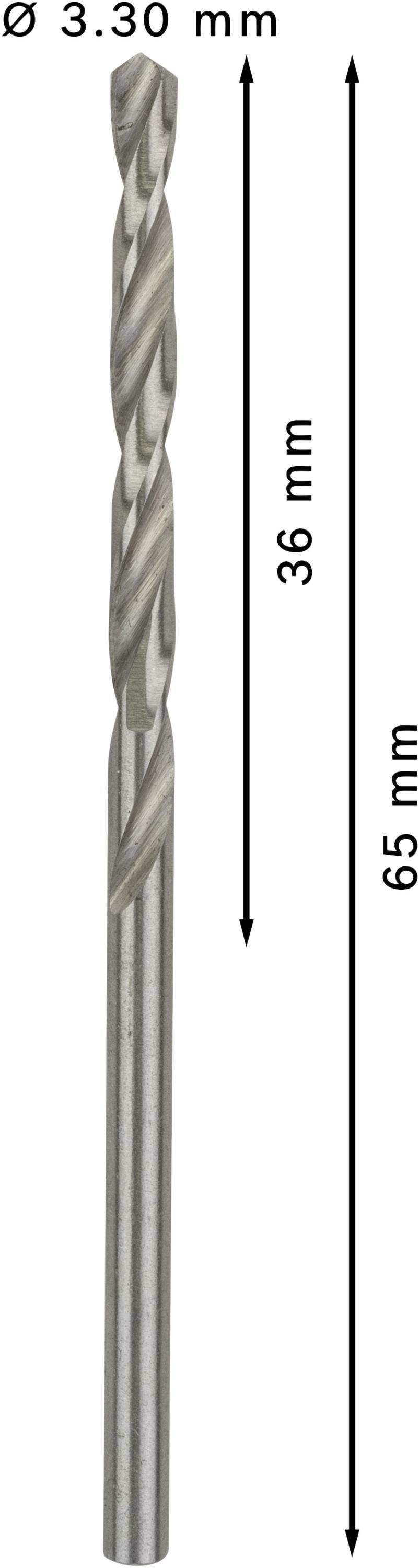 Bohrer mit einem Durchmesser von 3,30 mm, Gesamtlänge 65 mm, Schneidfläche 36 mm, aus Metall.