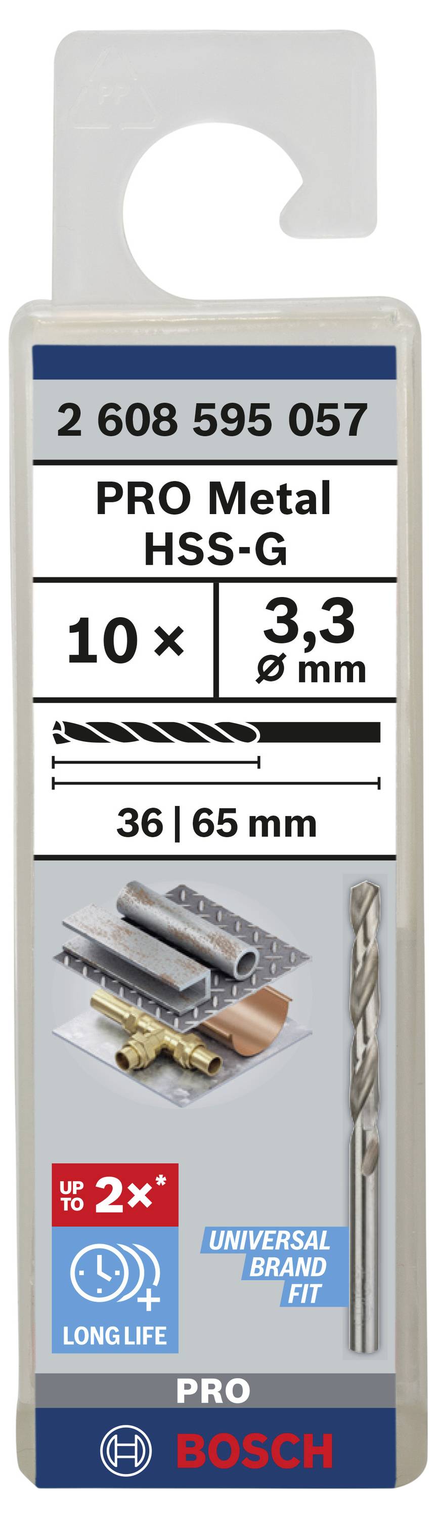 Verpackung für Bosch PRO Metal HSS-G Bohrer, 10 Stück, 3,3 mm Durchmesser. Enthält Bild von Bohrern, symbolisiert lange Lebensdauer.
