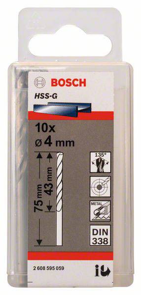 Bosch Accessories 2608595059 HSS Metall-Spiralbohrer 4mm Gesamtlänge 75mm geschliffen DIN 338 Zylinderschaft 10St.
