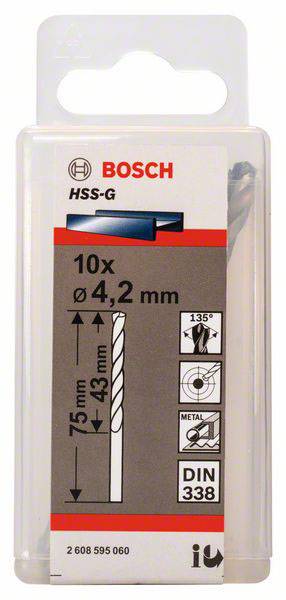 Verpackung von 10 Bosch HSS-G Bohrern, 4,2 mm Durchmesser, 75 mm Länge. Geeignet für Metallbohrungen, mit DIN 338 Norm.
