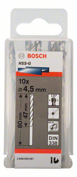 Bosch Accessories 2608595061 HSS Metall-Spiralbohrer 4.5mm Gesamtlänge 80mm geschliffen DIN 338 Zylinderschaft 10St.