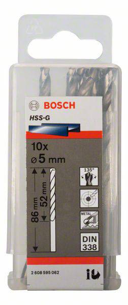 Bosch Accessories 2608595062 HSS Metall-Spiralbohrer 5mm Gesamtlänge 86mm geschliffen DIN 338 Zylinderschaft 10St.