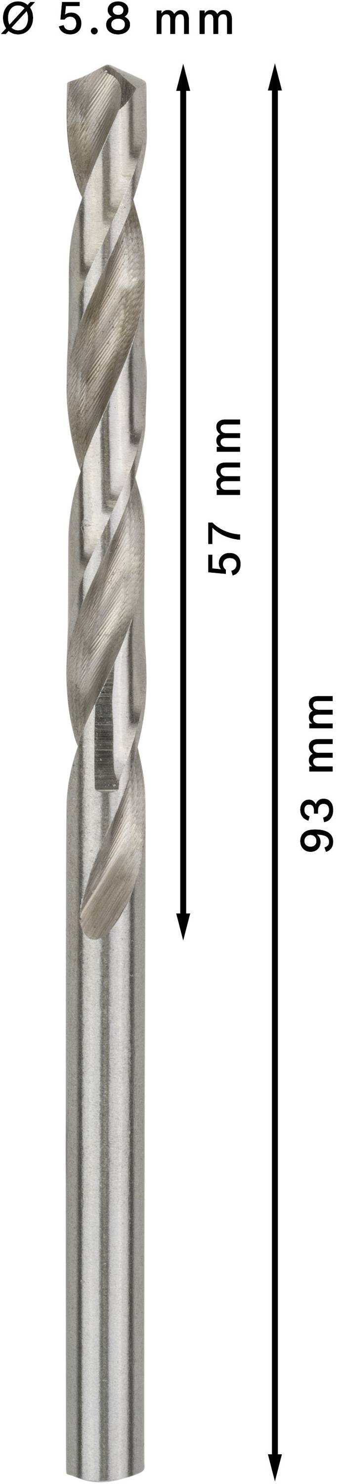 Metallbohrer mit einem Durchmesser von 5,8 mm und einer Gesamtlänge von 93 mm, davon 57 mm nutzbare Länge.