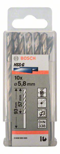 Verpackung von Bosch HSS-G Bohrern, 10 Stück, Durchmesser 5,8 mm. Länge: 93 mm. Geeignet für Metall. DIN 338 Norm.