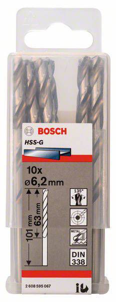 Bosch Accessories 2608595067 HSS Metall-Spiralbohrer 6.2mm Gesamtlänge 101mm geschliffen DIN 338 Zylinderschaft 10St.