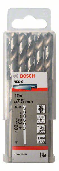 Bosch Accessories 2608595071 HSS Metall-Spiralbohrer 7.5mm Gesamtlänge 109mm geschliffen DIN 338 Zylinderschaft 10St.