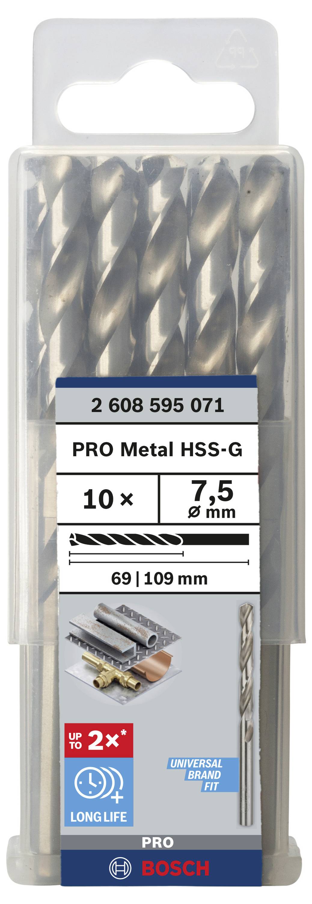 Bosch Accessories 2608595071 HSS Metall-Spiralbohrer 7.5mm Gesamtlänge 109mm geschliffen DIN 338 Zylinderschaft 10St.