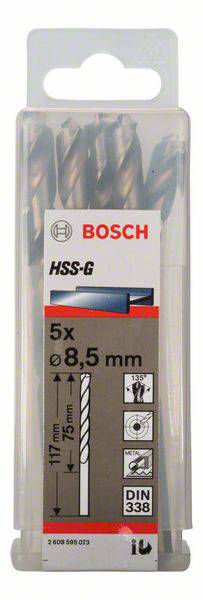 Bosch Accessories 2608595073 HSS Metall-Spiralbohrer 8.5mm Gesamtlänge 117mm geschliffen DIN 338 Zylinderschaft 5St.