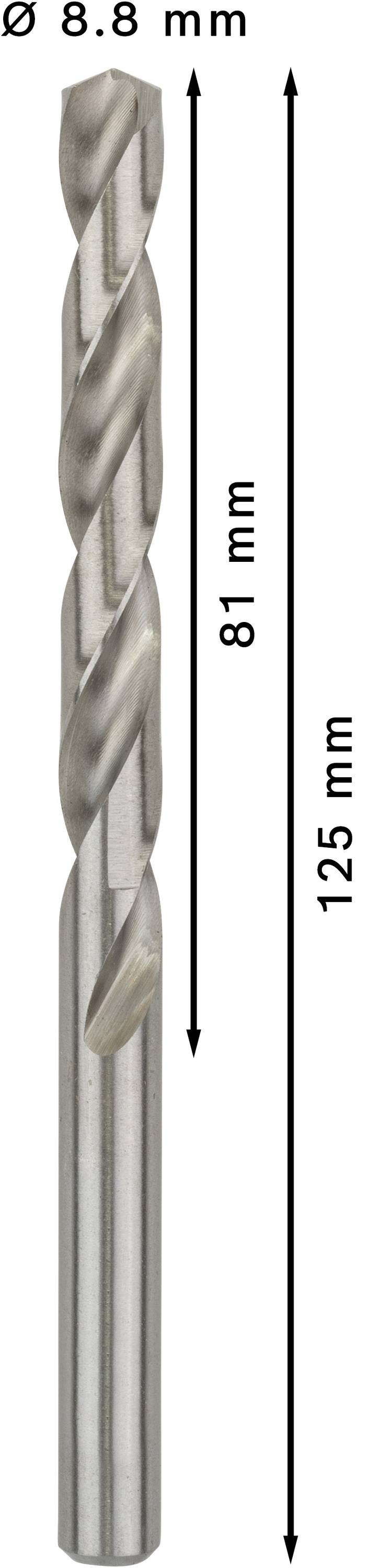 Bohrer mit einem Durchmesser von 8,8 mm, Gesamtlänge 125 mm und einer Schneidelänge von 81 mm.