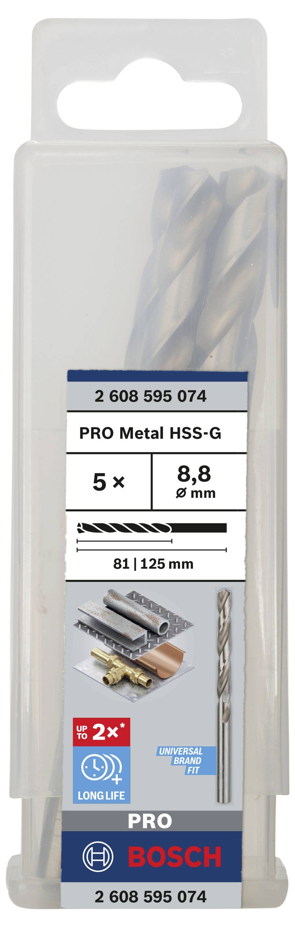 Verpackung mit Bosch Metallbohrern, 5 Stück, Größe 8,8 mm, HSS-G Qualität. Produktinformationen und Anwendungsbilder.